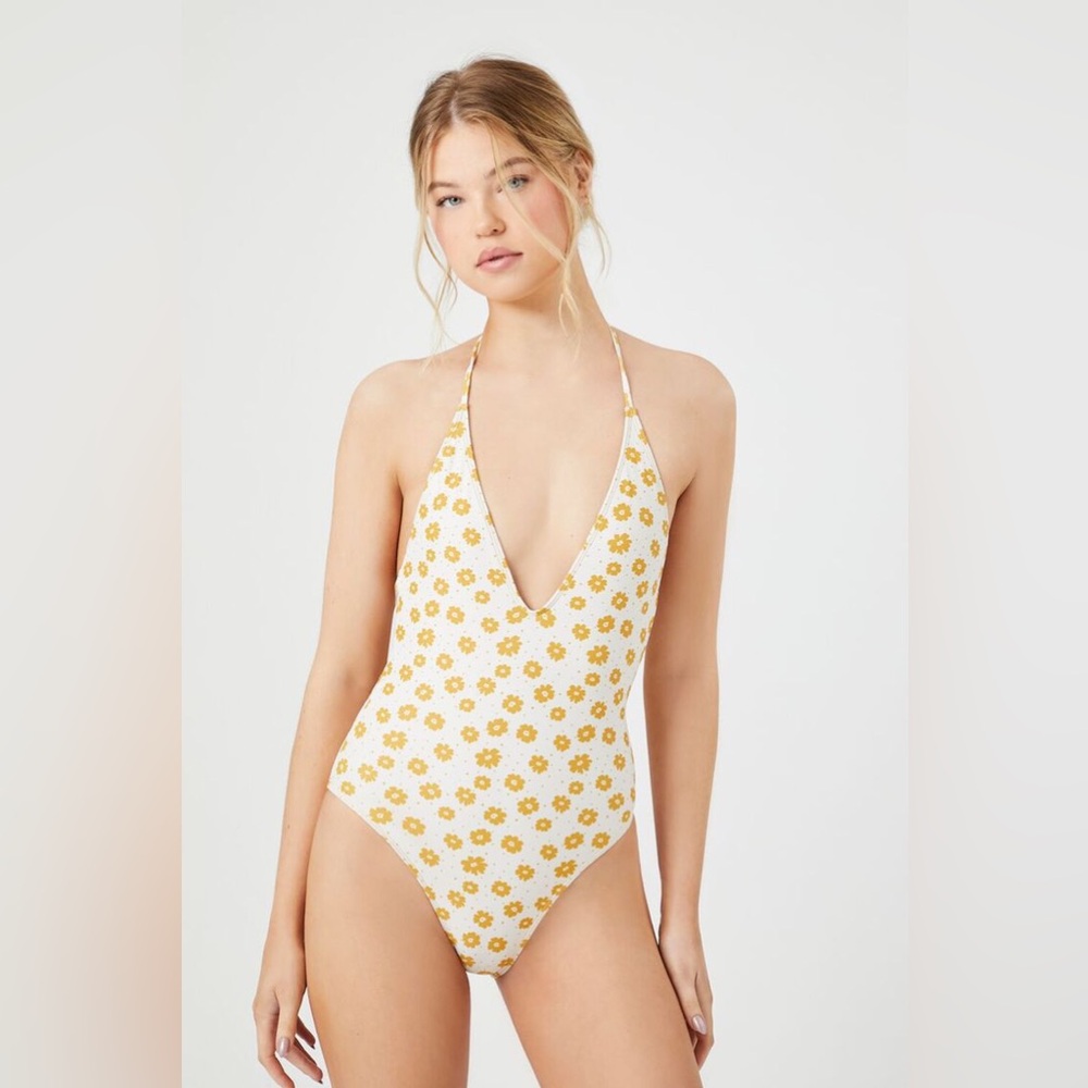 Mustard white floral one piece halter low front swimsuit NWT